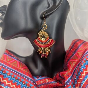 Artisan Spiral Gold, Red And Orange Earrings